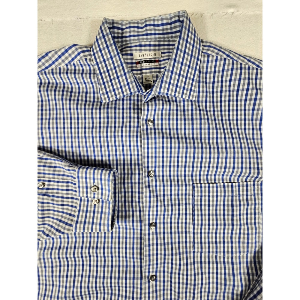 Van Heusen Mens Flex Collar‎ Regular Fit Gingham Dress Shirt Blue Grey 17 34/35